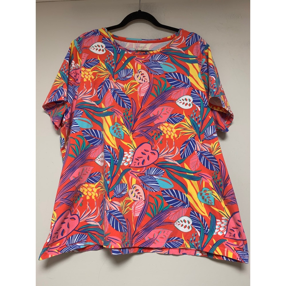 Talbots Tropical Leaf Tee Women 3X Red Multi Excellent Short Sleeve Cotton Knit